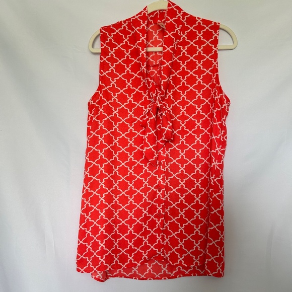 Tacera Bright Coral and White geo print sleevless top - Picture 1 of 9